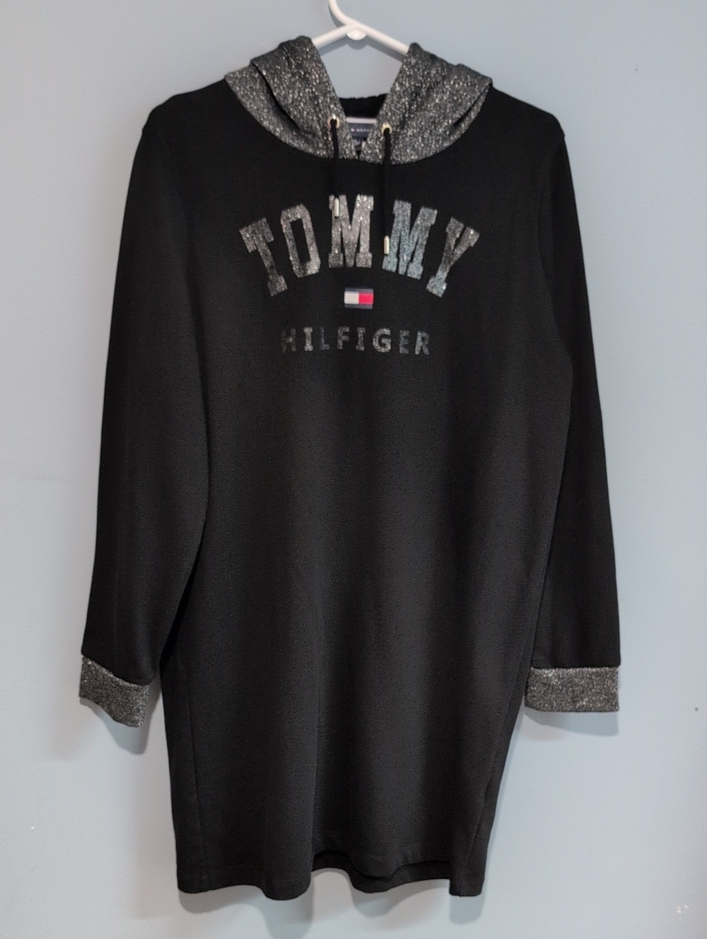 Tommy Hilfiger Black Sweater Hoodie Dress with Silver Metallic Trim